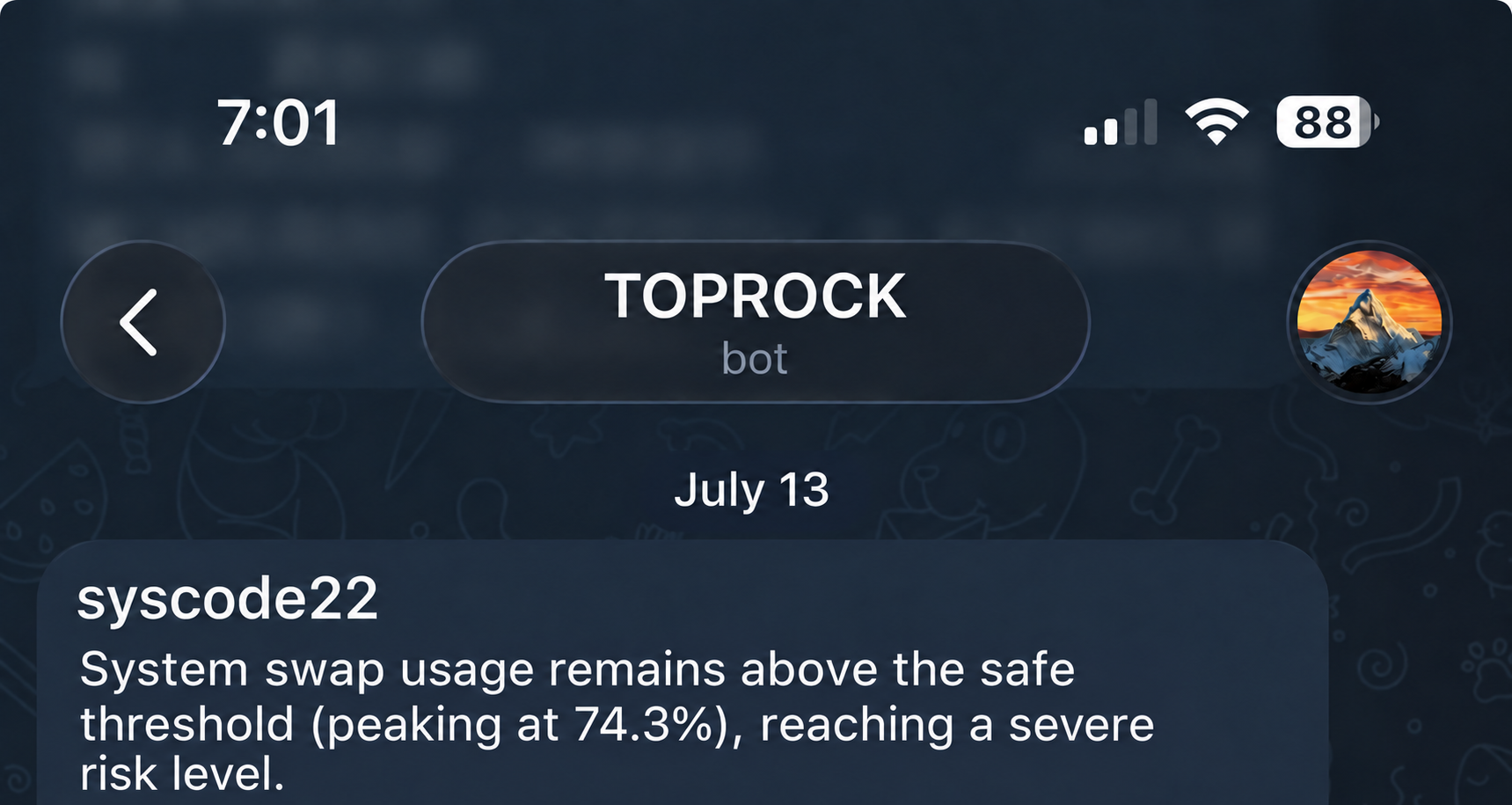 Example AI System Risk Management alert showing swap usage peaking at 74.3%